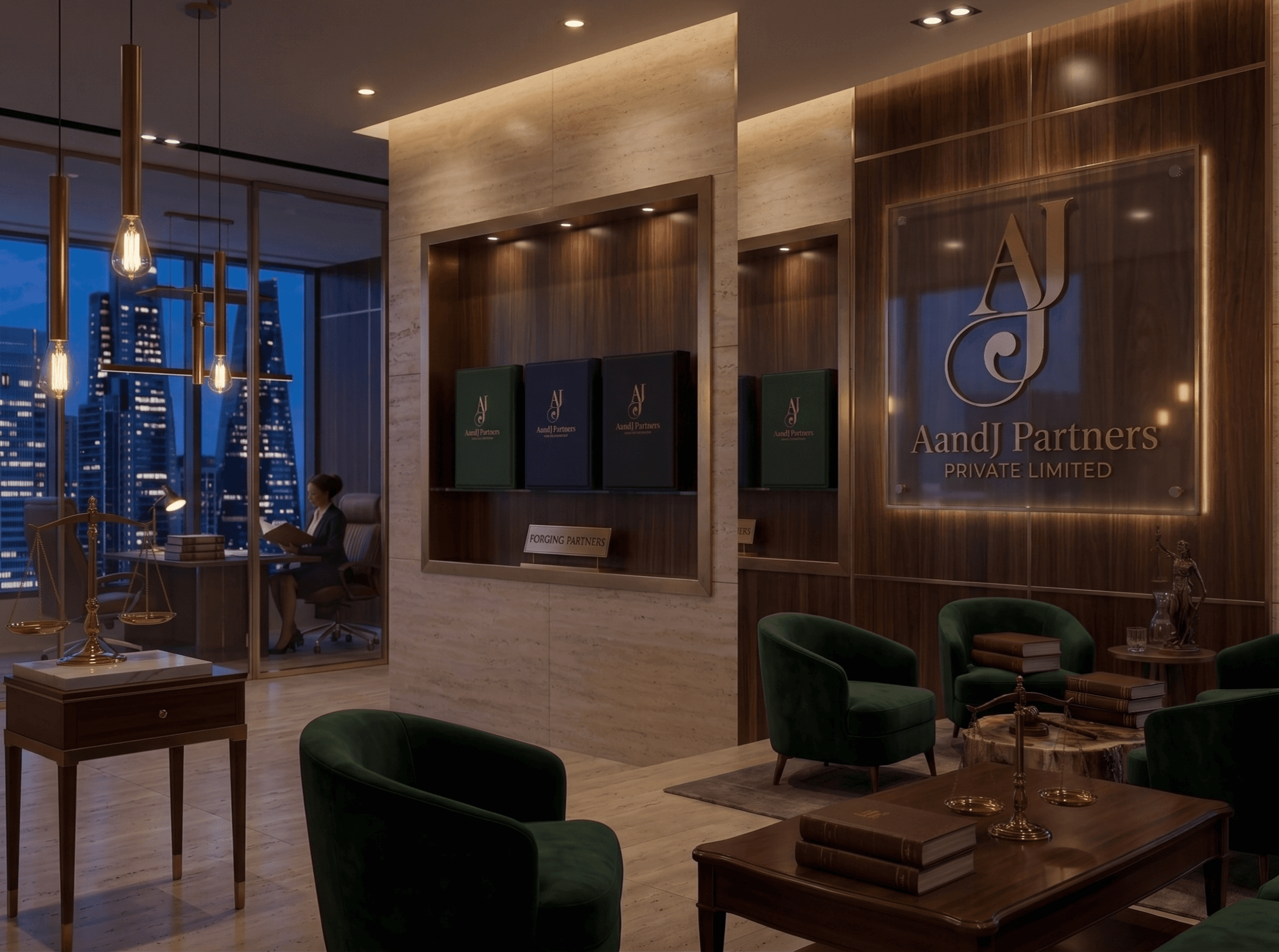 AandJ Partners office reception with the firm's signage