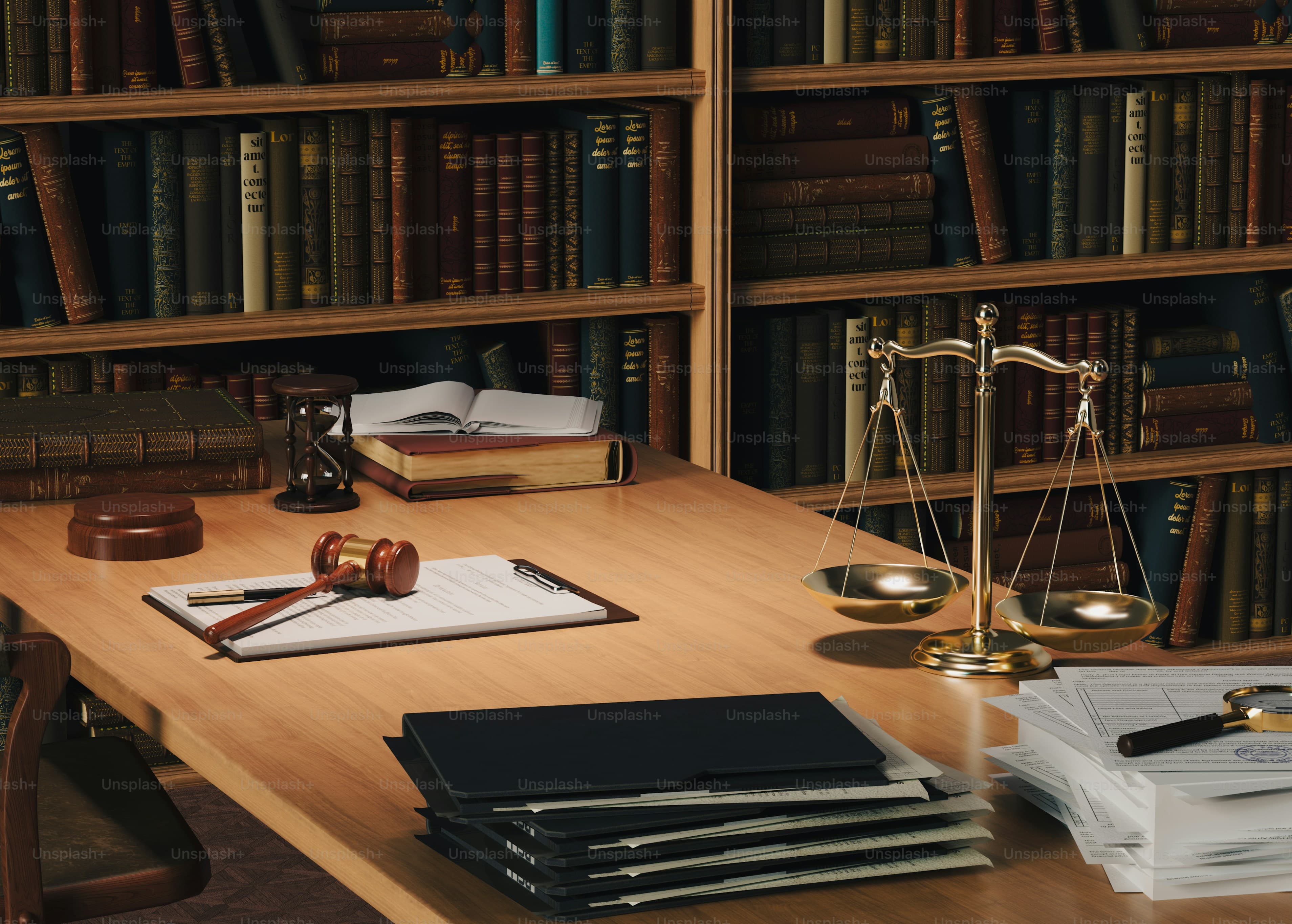 A law library desk with scales of justice and case files
